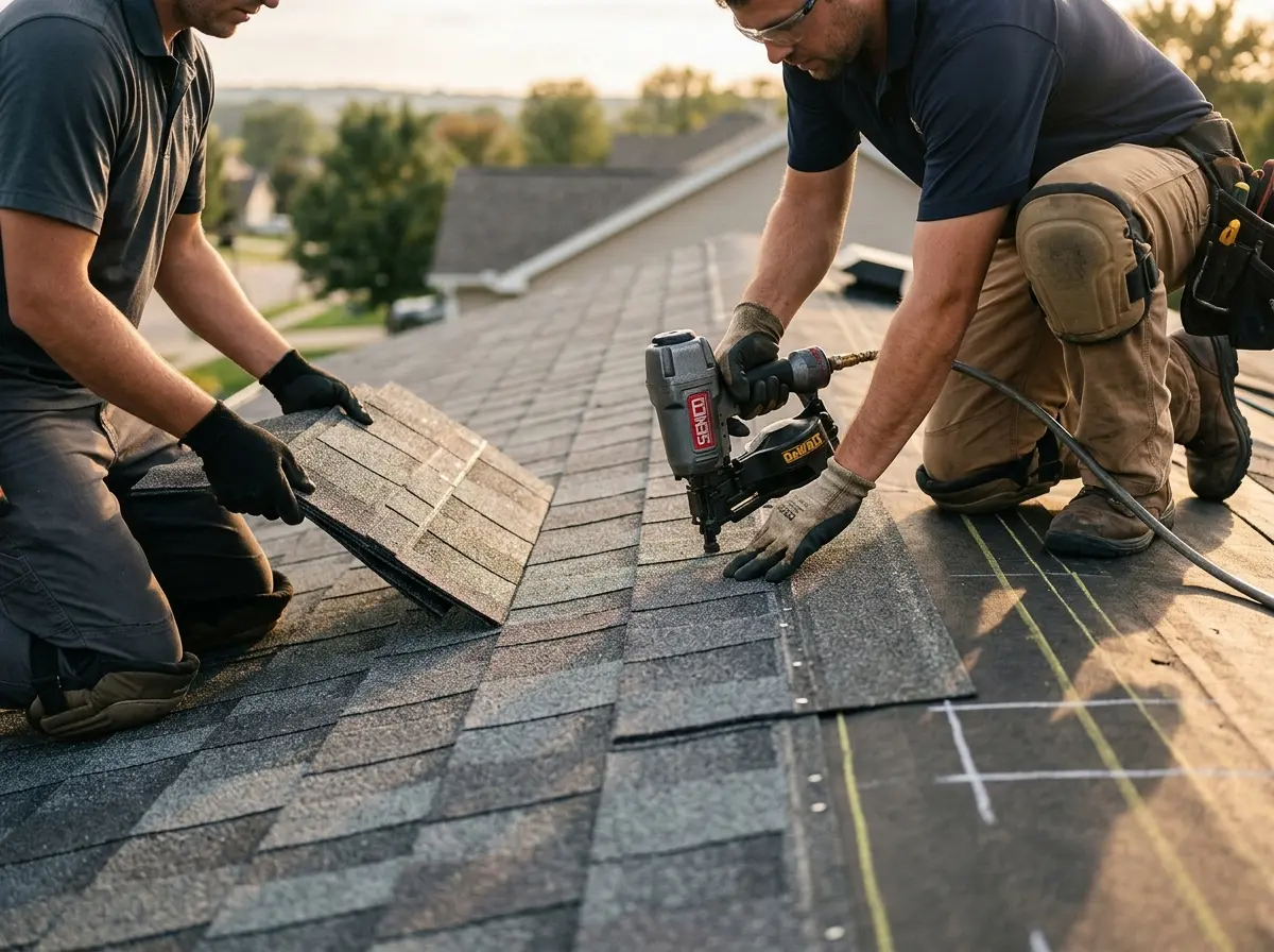 Professional roofer working on a residential roof in Nitro